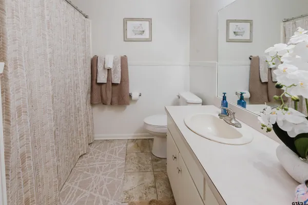 a bathroom with a sink a toilet and mirror