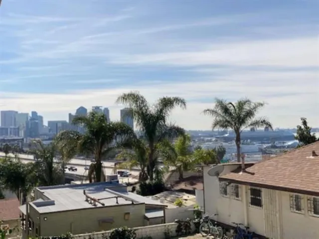 a view of a building from a balcony