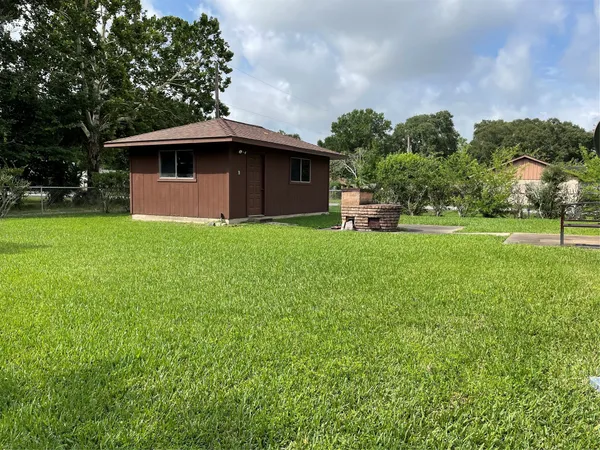 a view of backyard with potted plants and large tree