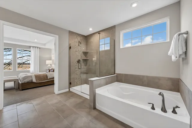 a bathroom with a bathtub and a shower