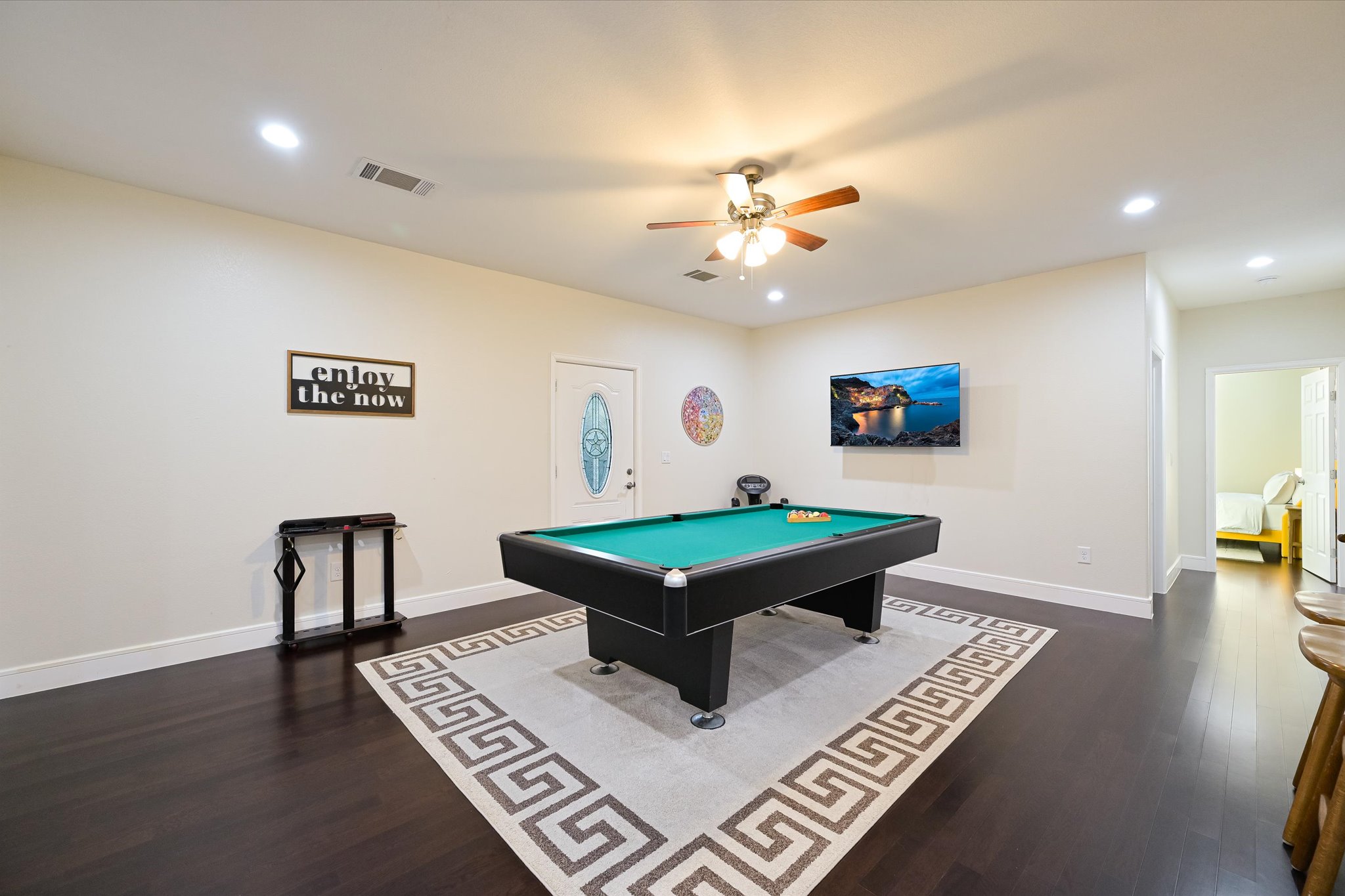 8400 Taylorsville Road Dale, TX 78616 - Photo 11 of 38 Rec room with pool table, ceiling fan, dark wood-style flooring, and recessed lighting