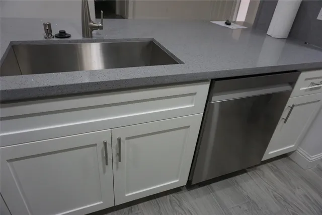 a close view of sink and microwave