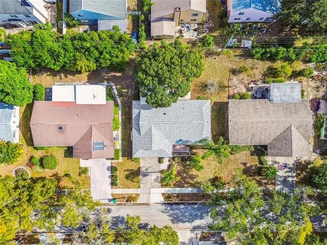 a view of a park with large trees