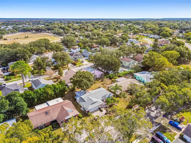 a view of a swimming pool with a yard and palm trees