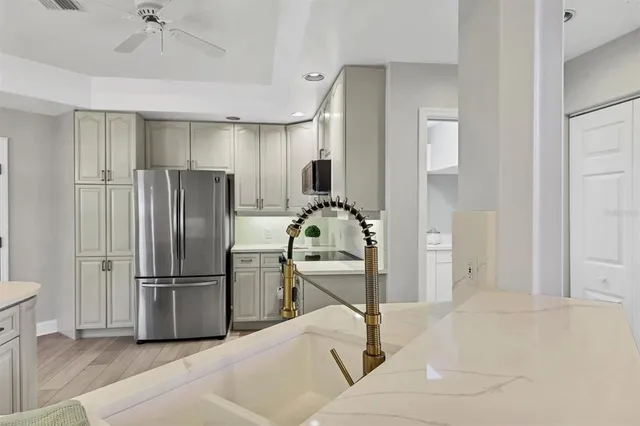 a view of a room with windows