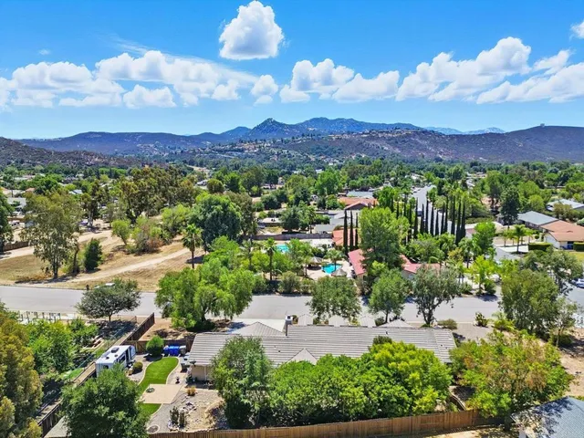 a view of a city with lots of flower plants and large trees