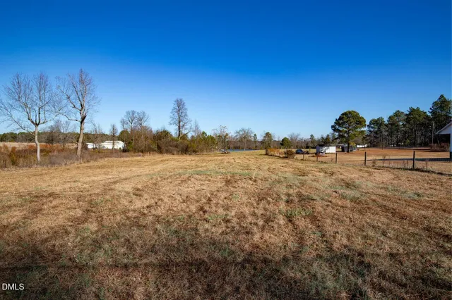 a view of a field with trees in the background