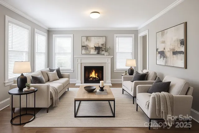 a living room with furniture lamp and window
