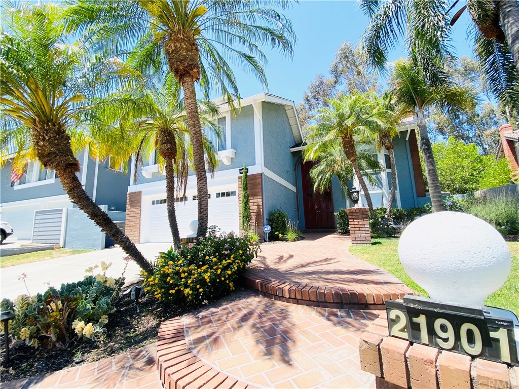 View from Street - landscaped with palm trees, blooms and brick walkway