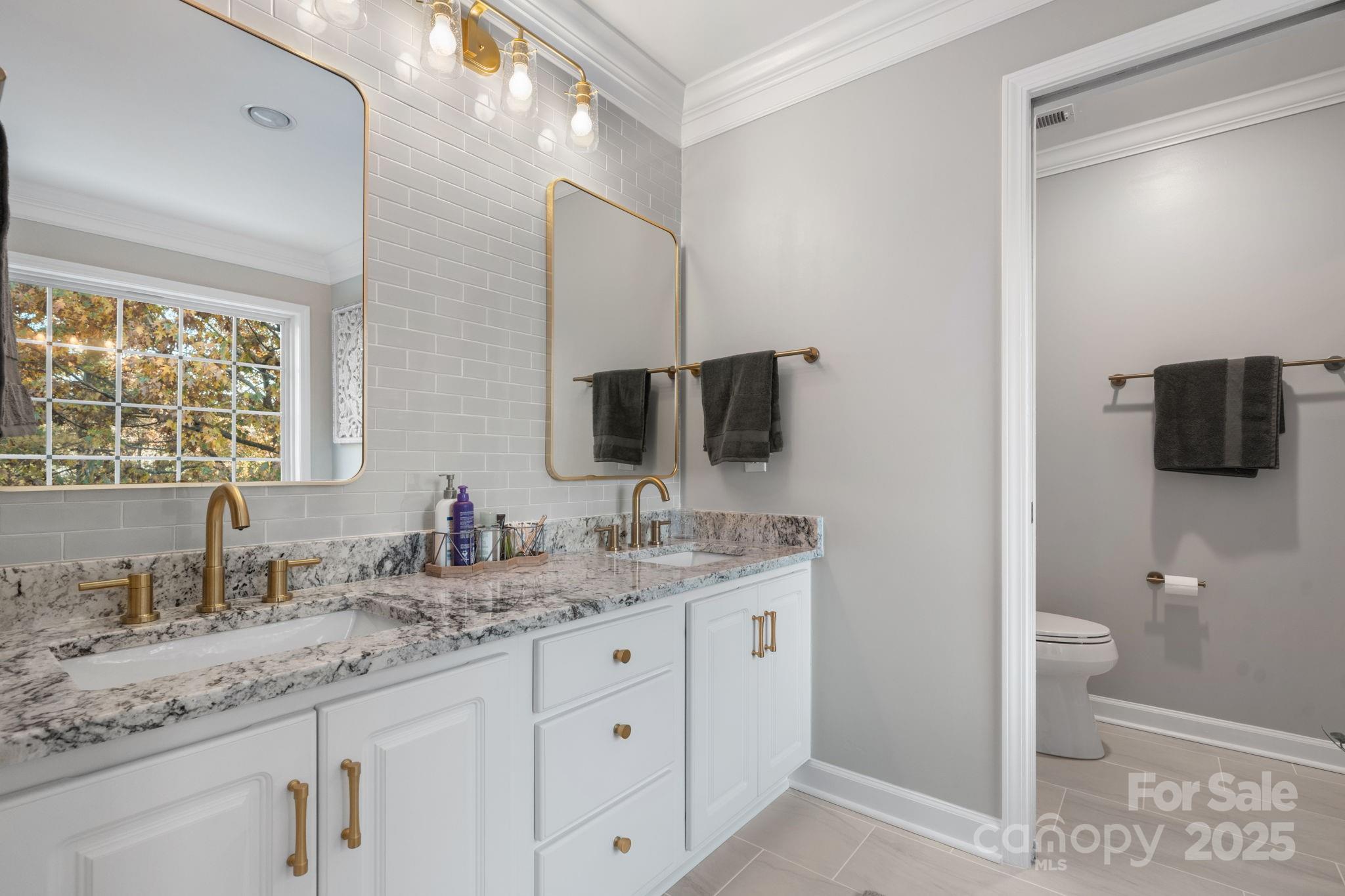 5665 Crown Terrace Hickory, NC 28601 - Photo 29 of 45 a bathroom with a granite countertop sink a toilet and mirror