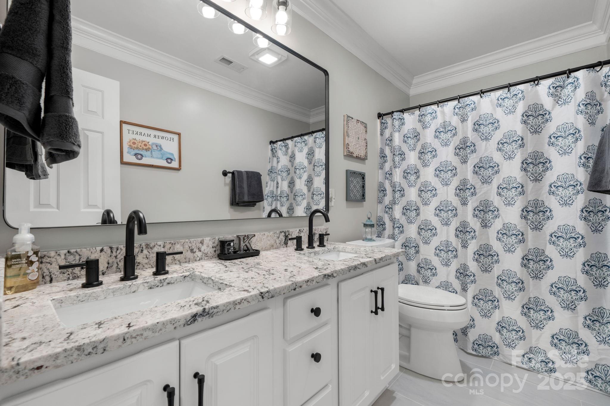 5665 Crown Terrace Hickory, NC 28601 - Photo 34 of 45 a bathroom with a granite countertop sink a toilet and a mirror