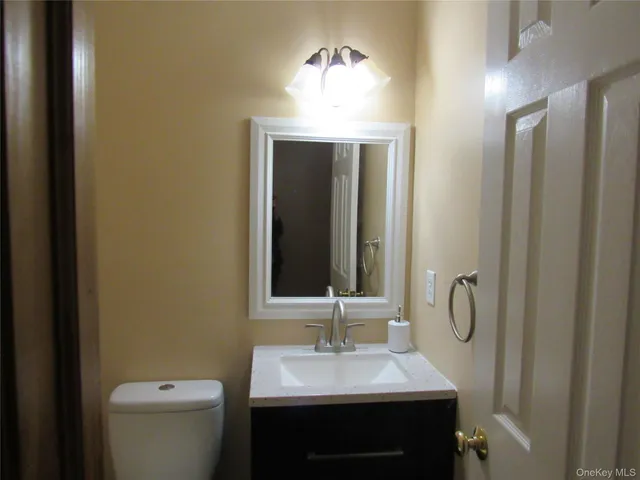a bathroom with a sink a toilet and mirror