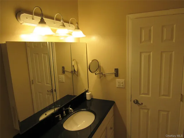 a bathroom with a granite countertop sink and a mirror
