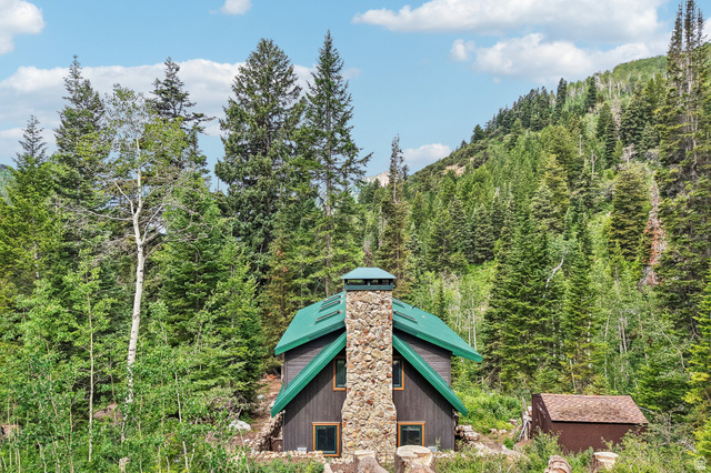 10205 East Moose Loop Road Salt Lake City, UT 84121 - Photo 43 of 50 Wood-sided residence featuring a prominent stone chimney and a green roof