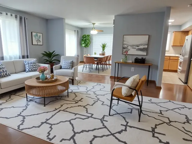 a living room with furniture and a potted plant