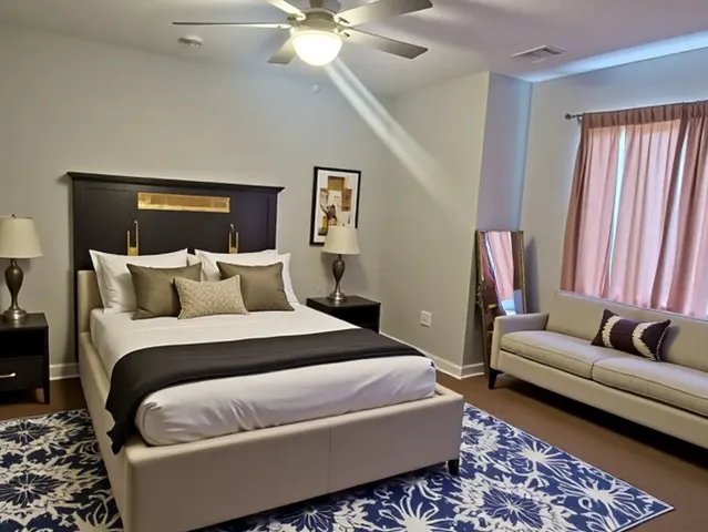 a bedroom with bed and a couch