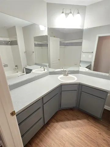 a bathroom with a sink and a mirror