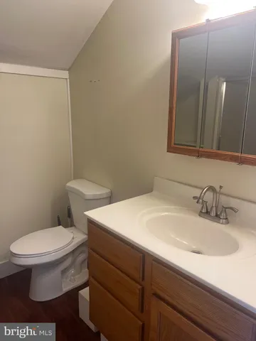a bathroom with a sink a toilet and mirror