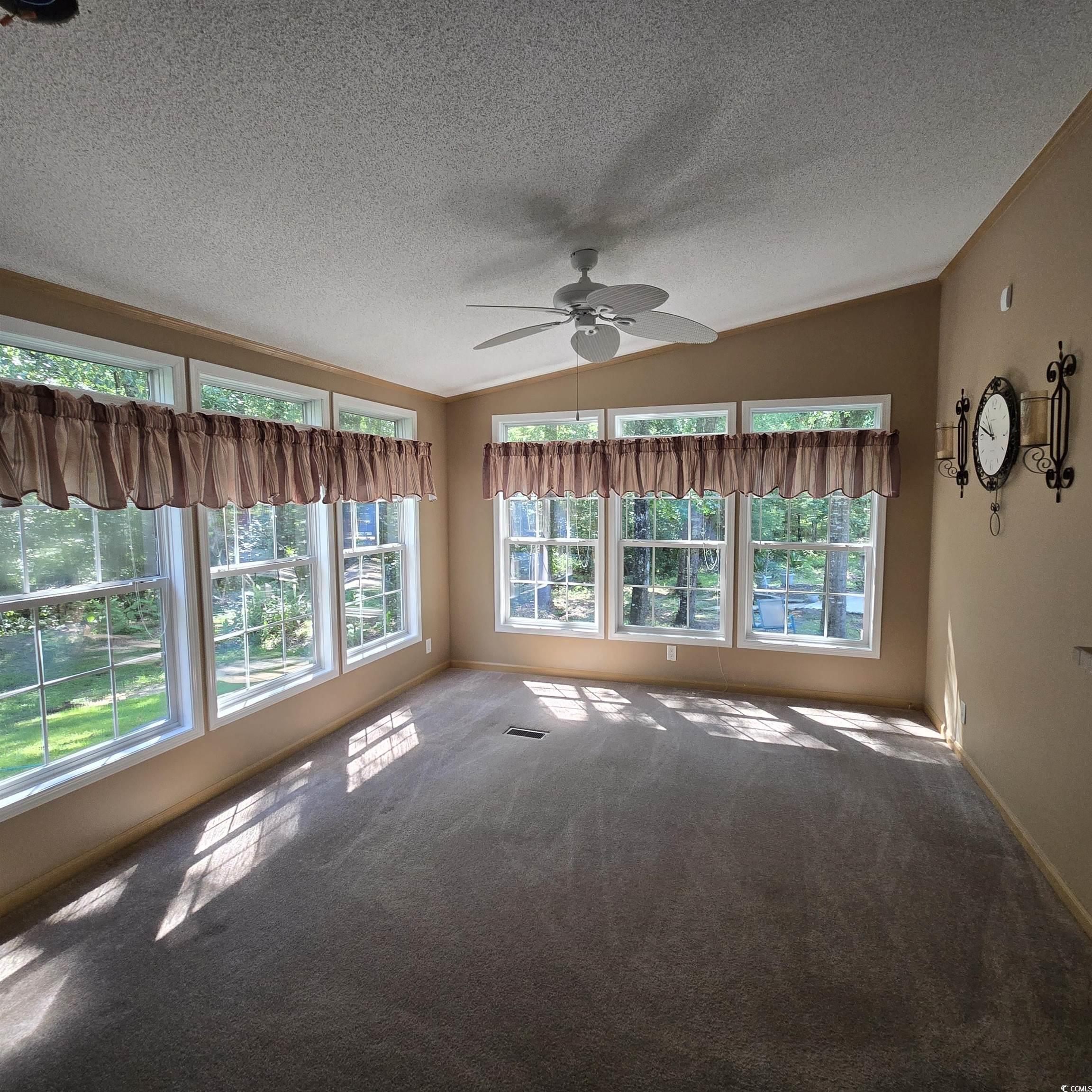 34 Talon Circle Murrells Inlet, SC 29576 - Photo 20 of 40 Empty room with lofted ceiling, a ceiling fan, a textured ceiling, and carpet