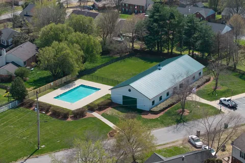 an aerial view of a backyard