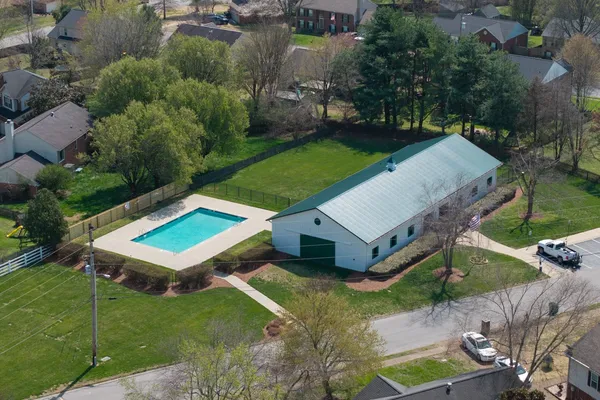 an aerial view of a backyard