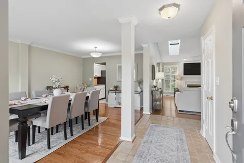 a view of a dining room with furniture