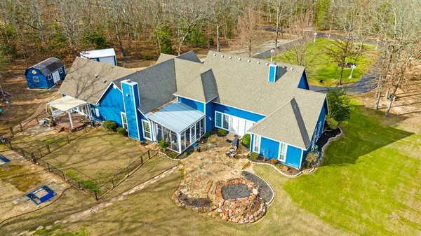 an aerial view of beach and residential space