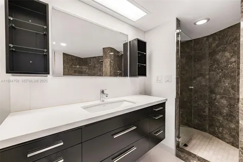 a bathroom with a sink a large mirror and shower