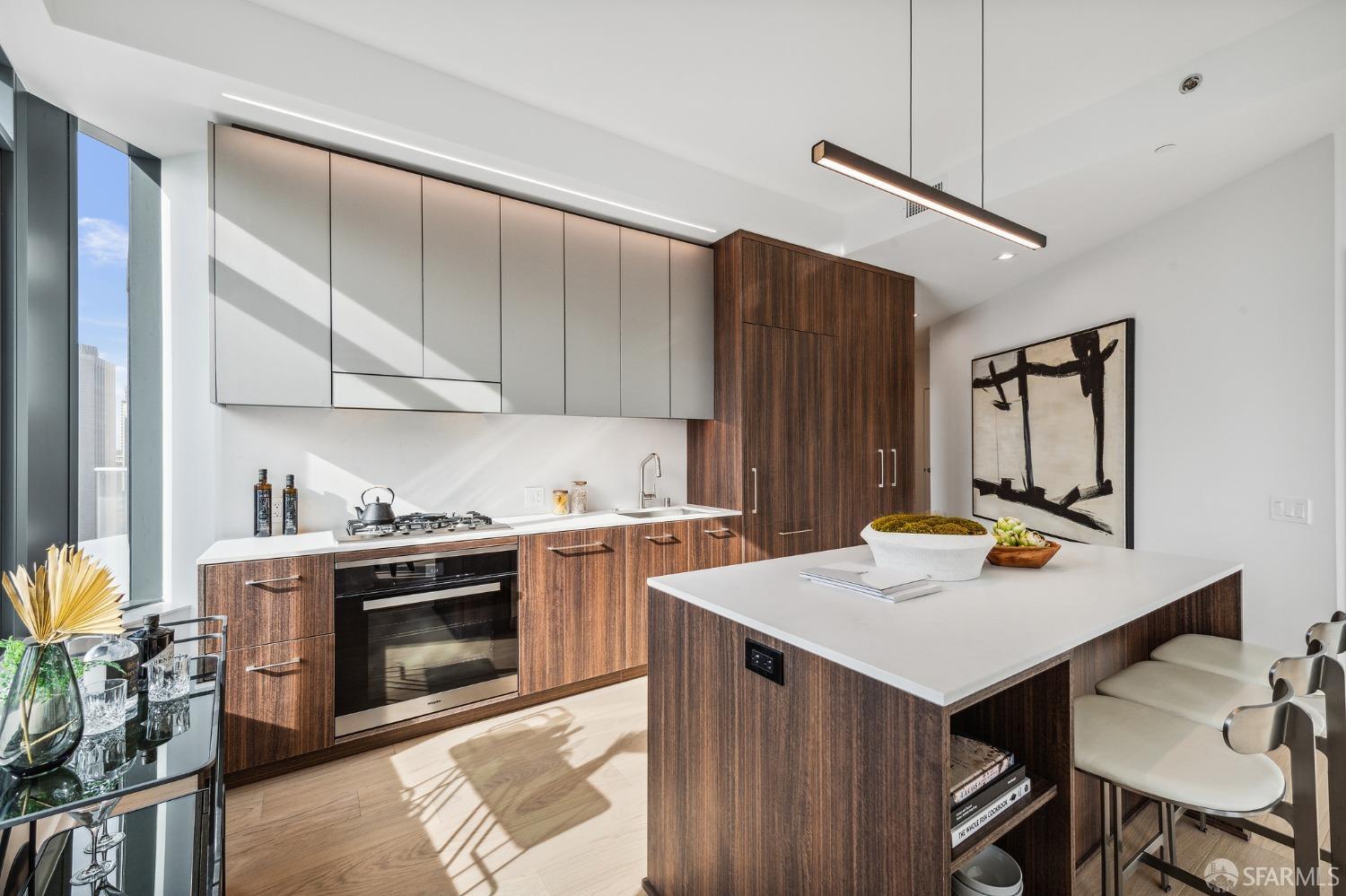 280 Spear Street, Unit 34C San Francisco, CA 94105 - Photo 9 of 47 a kitchen with a stove a sink dishwasher and a refrigerator with wooden floor