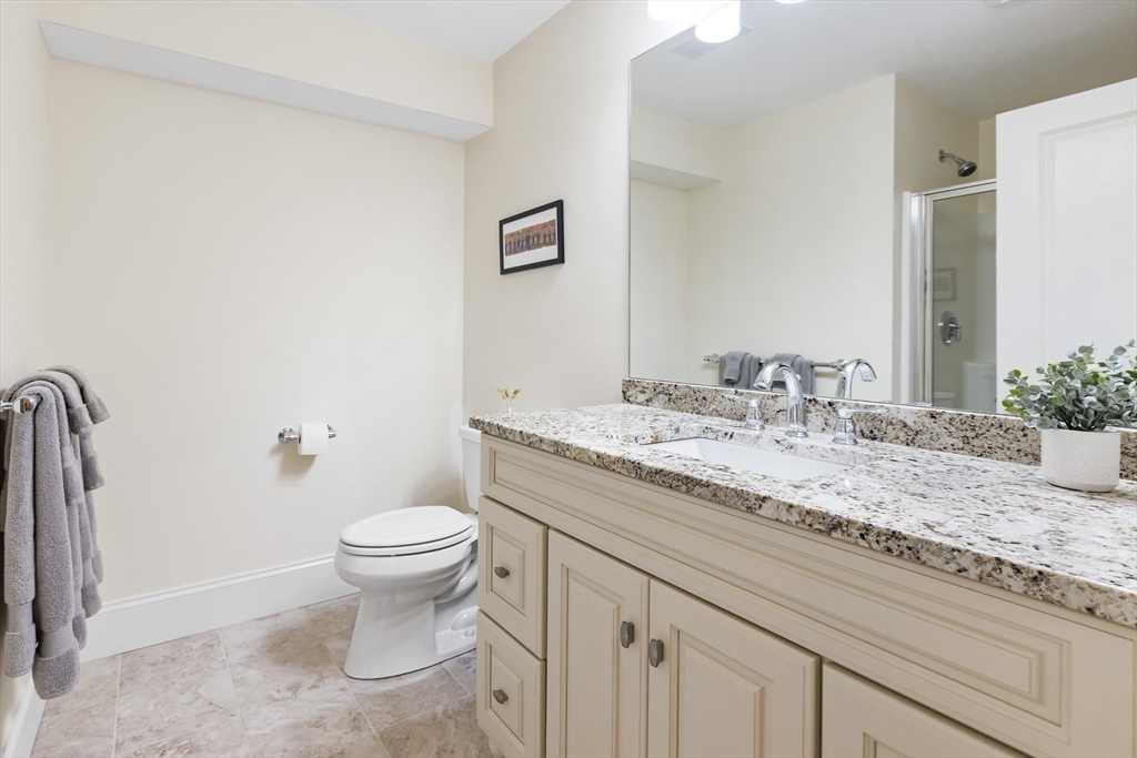 1332 Great Plain Avenue Needham, MA 02492 - Photo 30 of 42 a bathroom with a granite countertop sink a toilet and a mirror