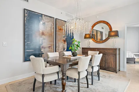 a view of a dining room with furniture