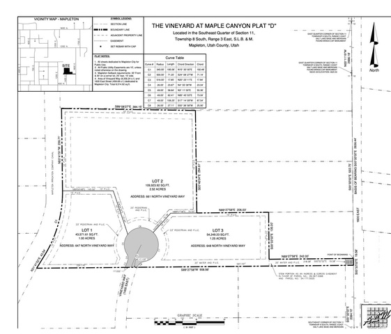 647 Vineyard Way, Unit 1 Mapleton, UT 84664 - Photo 6 of 6 Survey Plat. Depicting the subdivision of land into multiple lots with associated dimensions and addresses