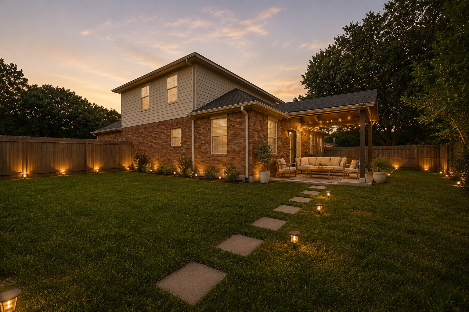 3418 Lockgate Drive Spring, TX 77388 - Photo 44 of 47 As evening falls, this backyard truly comes to life. Landscape lighting lines the fence and garden beds, while string lights illuminate the covered patio, creating a warm and inviting ambiance for evening gatherings with loved ones. This photo has been virtually staged or enhanced. Furniture, decor, and/or lighting shown may not reflect the current condition of the property.