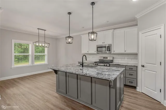 a kitchen with stainless steel appliances granite countertop a sink a window and white cabinets