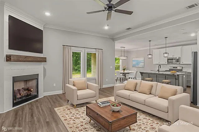 a living room with furniture and a fireplace