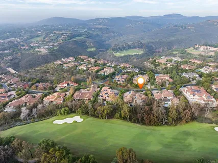 an aerial view of residential houses with outdoor space and trees