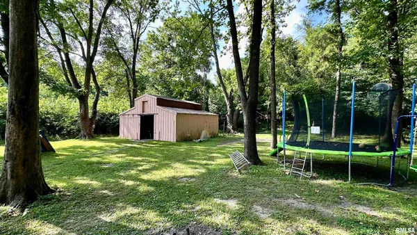 a backyard of a house with lawn chairs plants and large tree