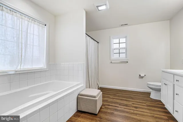 a bathroom with a bathtub and a toilet