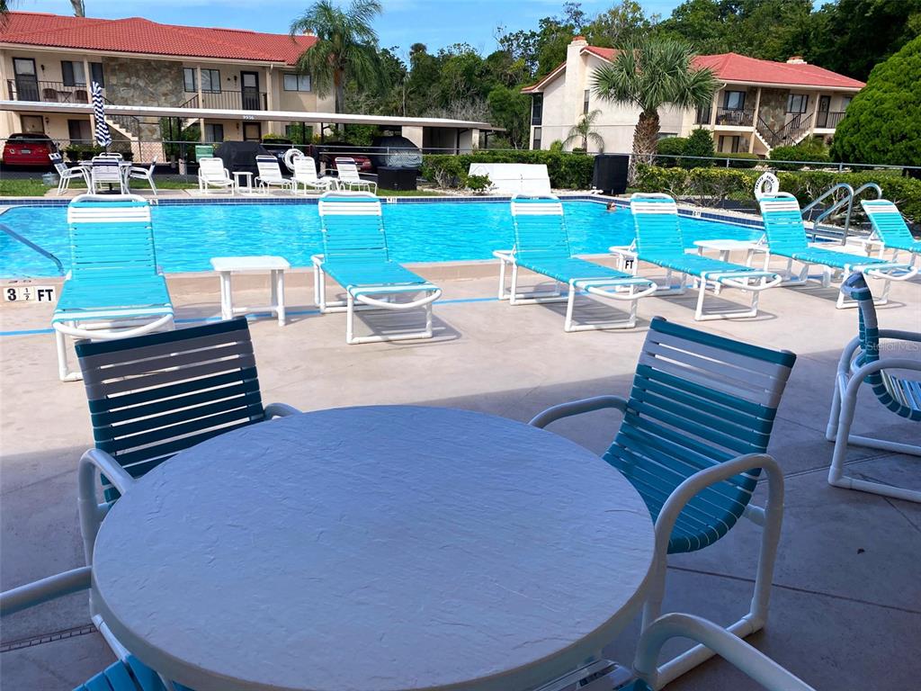 9940 Eagles Point Circle, Unit 4 Port Richey, FL 34668 - Photo 34 of 53 a view of a patio with a table chairs and a fire pit