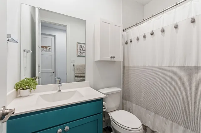 a bathroom with a sink toilet a mirror and shower curtain