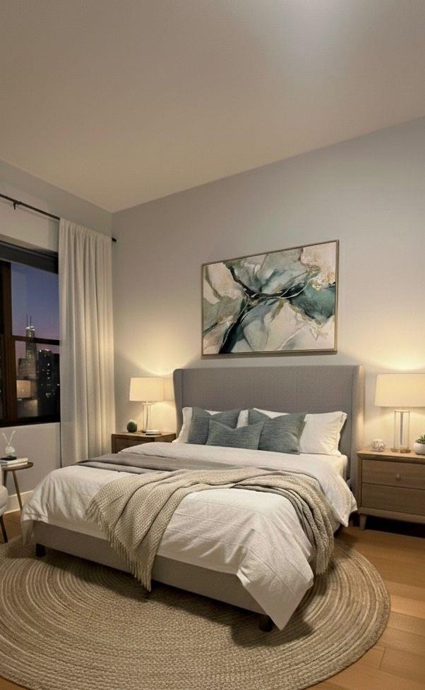 4 Beacon Way, Unit 301 Jersey City, NJ 07304 - Photo 3 of 26 a bedroom with a bed and glass walk in closet