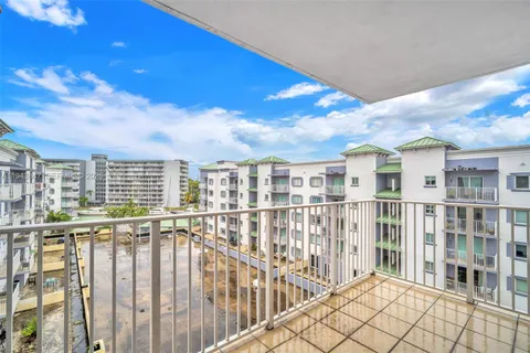 a view of a building from a balcony