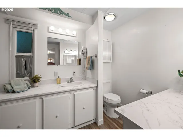 a bathroom with a granite countertop sink toilet and mirror