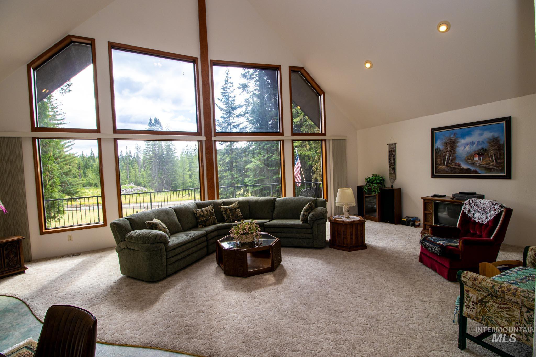 20888 Upper Fords Creek Road Weippe, ID 83553 - Photo 5 of 50 Living area featuring carpet and a high ceiling