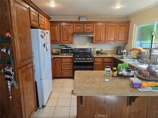 a kitchen with stainless steel appliances granite countertop a refrigerator a stove and a sink