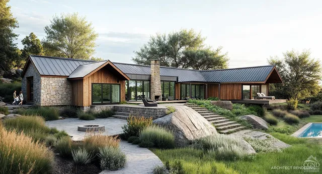 a view of a house with swimming pool and sitting area