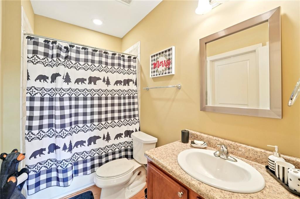 44 Sassafras Ridge Big Canoe, GA 30143 - Photo 62 of 107 a bathroom with a sink a toilet and shower curtain