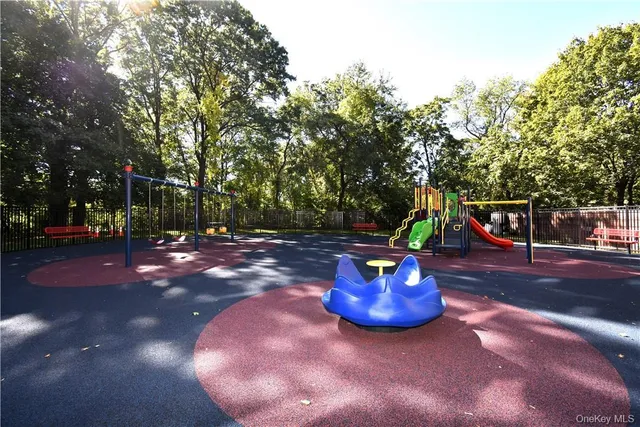 a view of a street with a slide