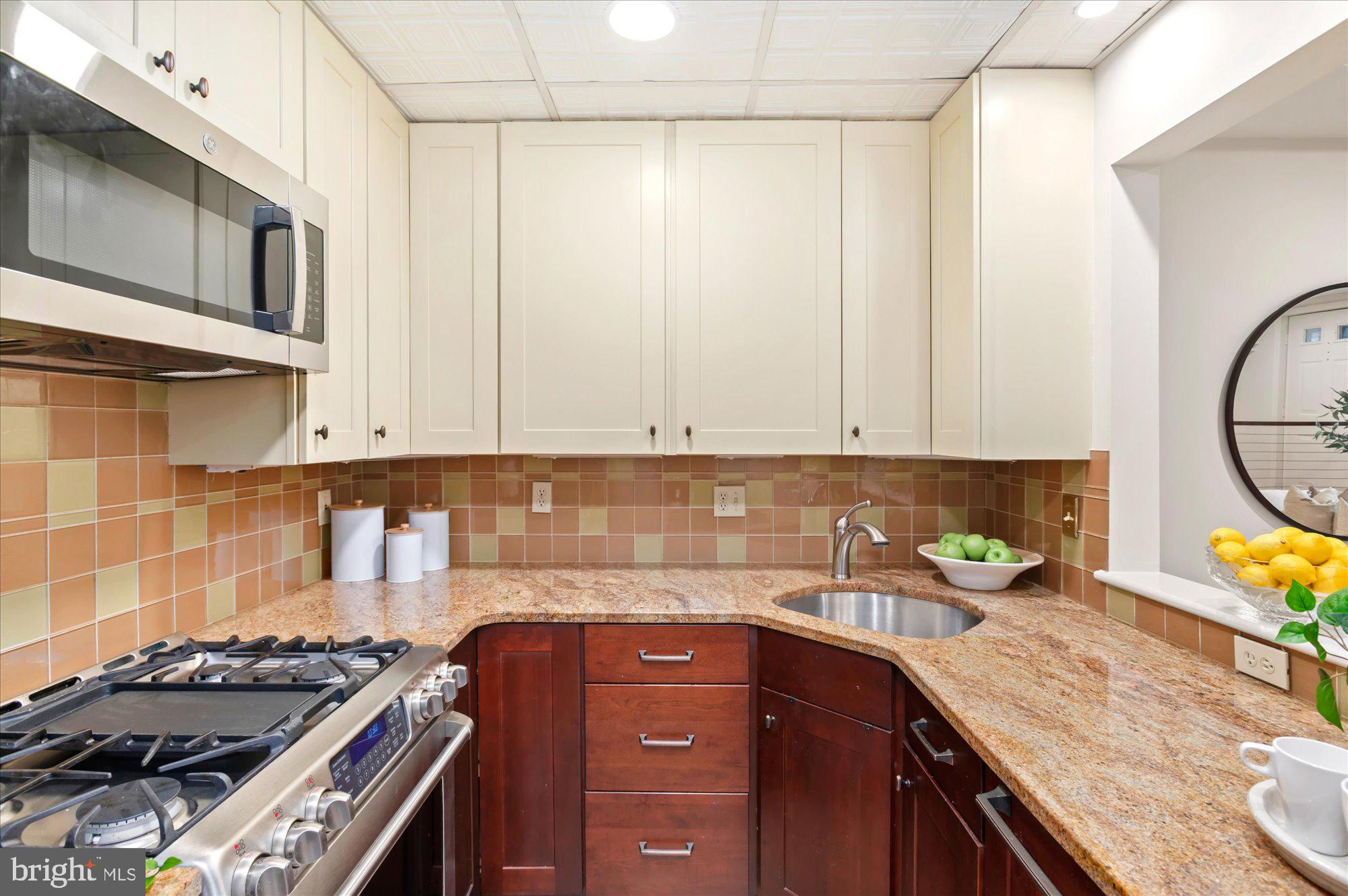 1913 Kalorama Place Northwest, Unit 13 Washington, DC 20009 - Photo 14 of 33 a kitchen with stainless steel appliances granite countertop a stove a sink and a microwave