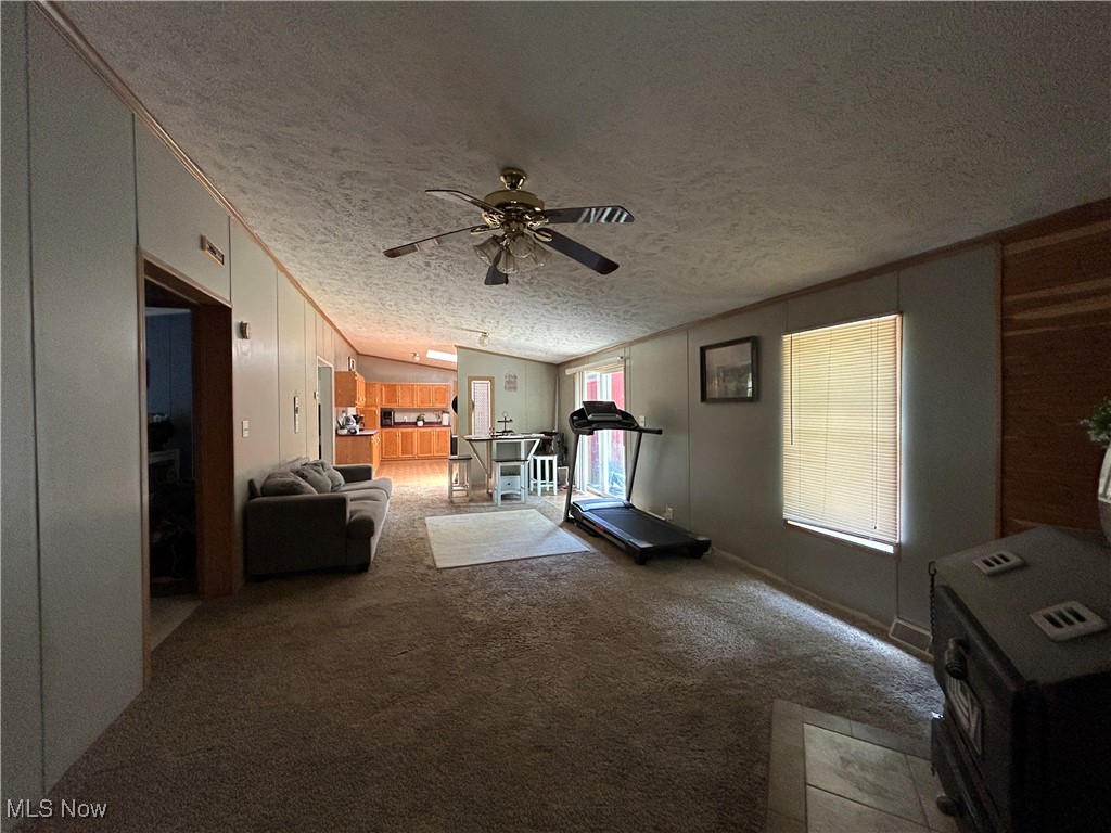 8081 Big Run Road Gambier, OH 43022 - Photo 4 of 28 Unfurnished living room with ceiling fan, a textured ceiling, and light colored carpet